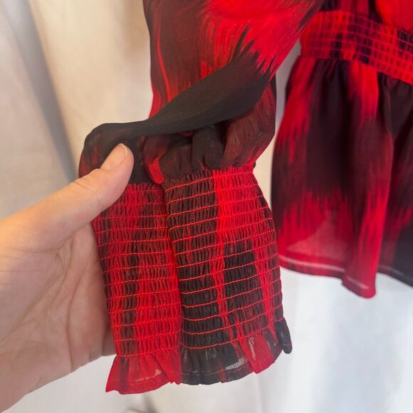 Calvin Klein Abstract Red Ruffle Vneck Peplum Waist Blouse Dressy Bold Size LG - Picture 5 of 10